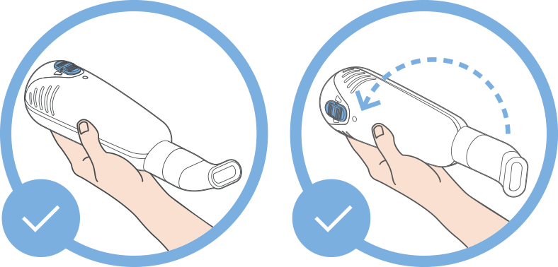 Airtera OPEP Mucus Clearance Device - Multiple orientations diagram - The unique pressure-oscillation technology can be used in multiple orientations.